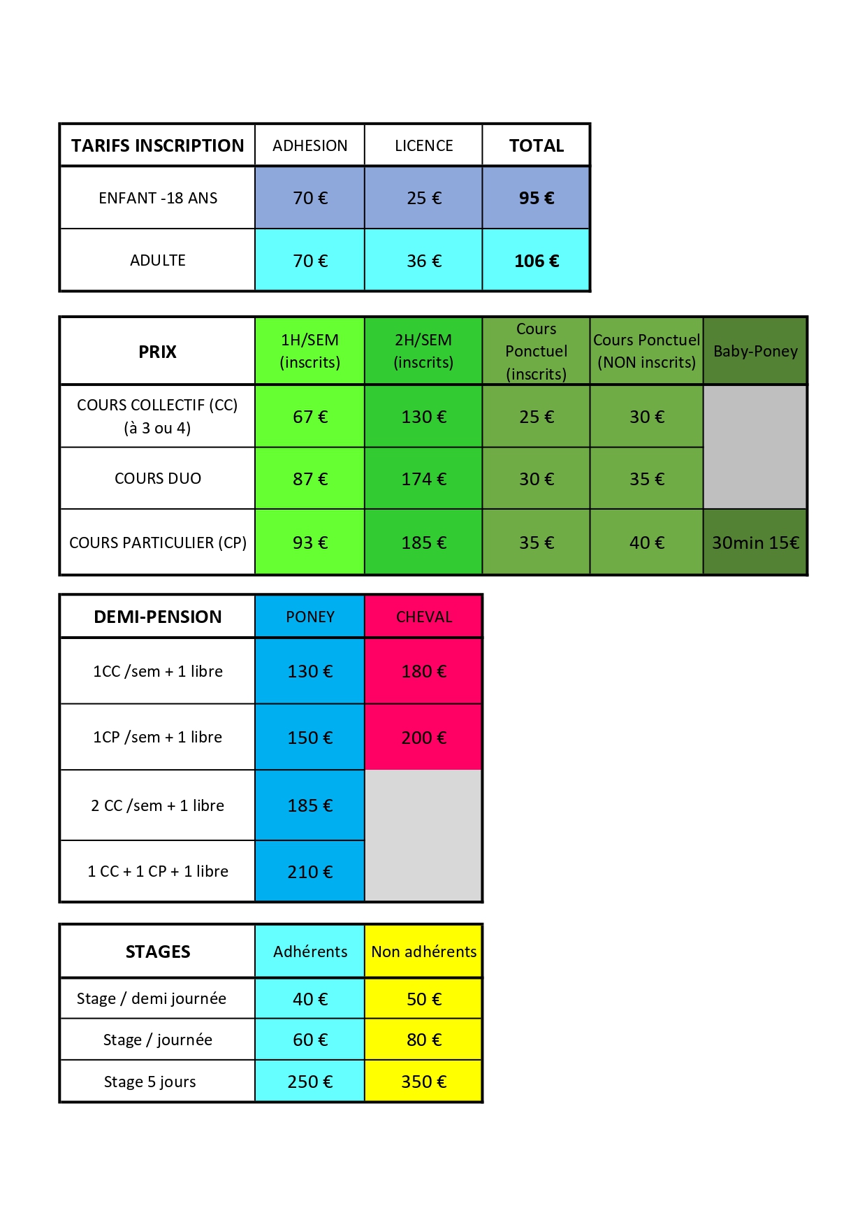 tableau tarif